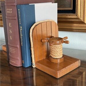 Vintage MCM Nautical Ship Wheel Wooden Bookends